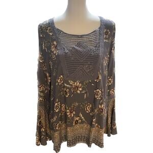 Knox Rose Boho Peasant Crochet Detail Bell Sleeves w Slit Top Women M  Gray Pink